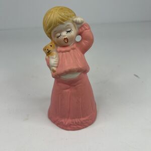Vintage 1978 Jasco Sleepy Girl Porcelain Bell Yawning with Teddy Bear